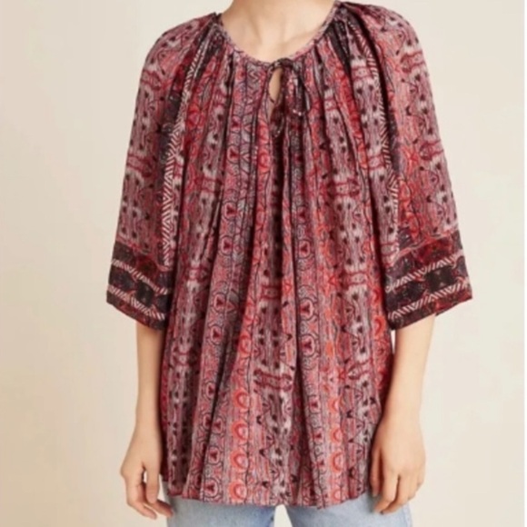 Anthropologie Bhanuni by Jyoti Aleksa Tunic Blouse Split Tie Neck A-Line Swing L - Picture 4 of 14